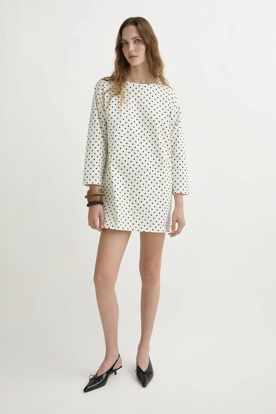 Posse - BEA LONG SLEEVE DRESS - CREAM BLACK POLKA DOT