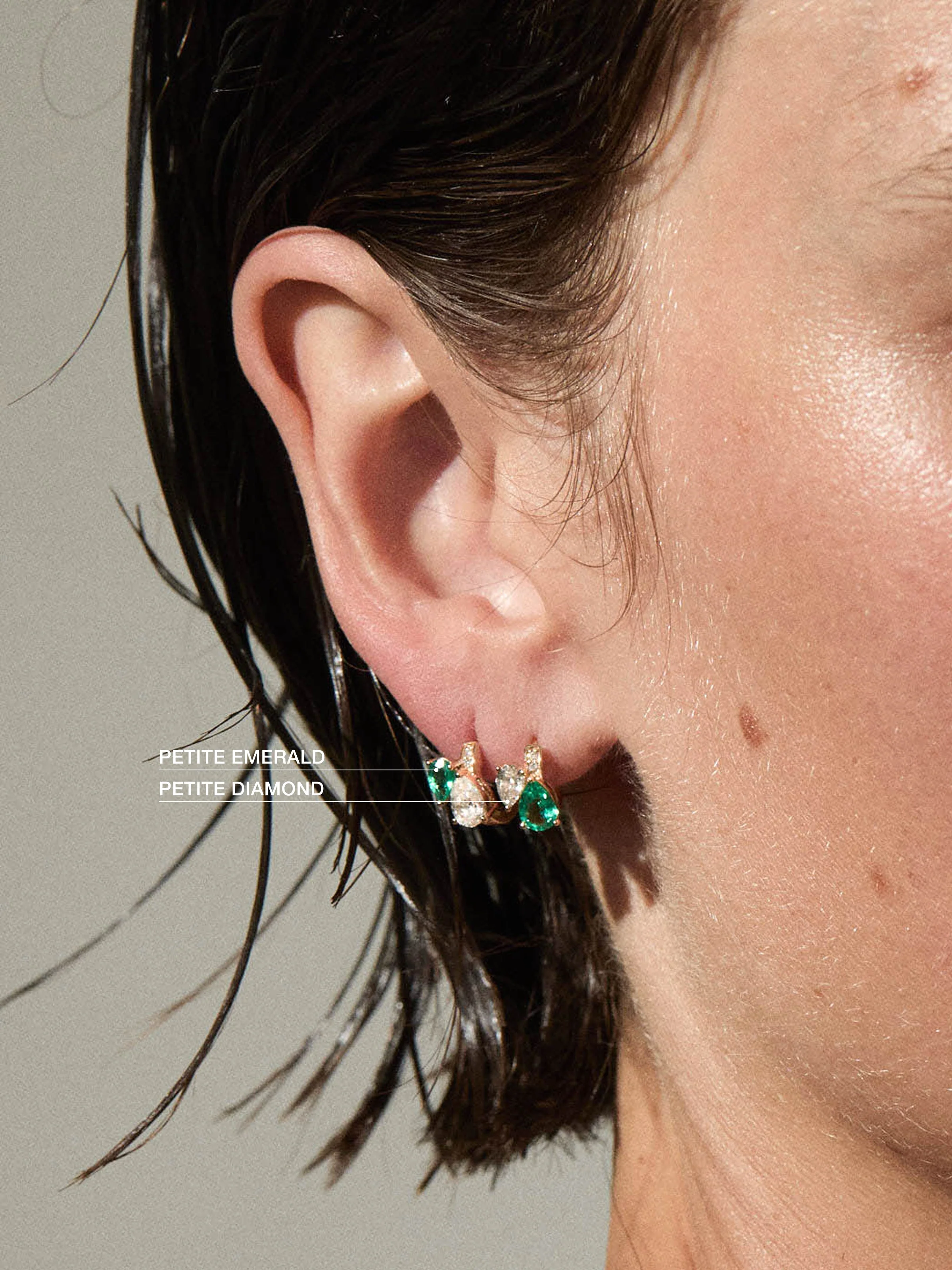 Dorsey - 14K DOUBLE PEAR - CUT HUGGIE EARRING IN LAB DIAMOND AND PETITE LAB EMERALD, 14K WHITE GOLD - Image 4