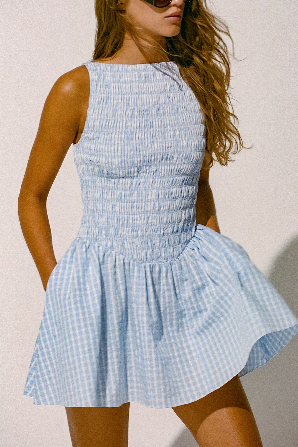 Faithfull - Martina Mini Dress Paloma Check Light Blue White - Image 2