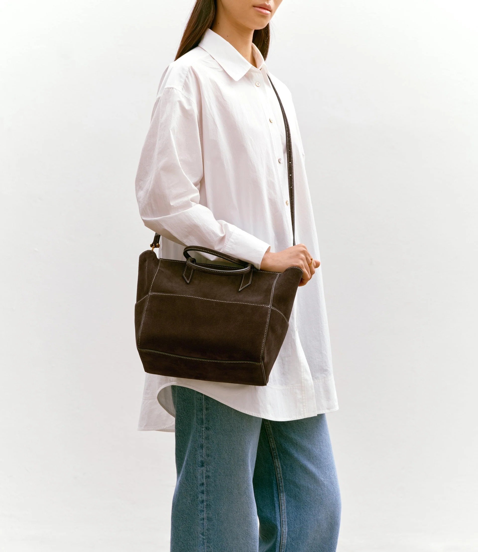 Metier - Incognito Crossbody Suede Chocolate with Salt Stitching - Image 5