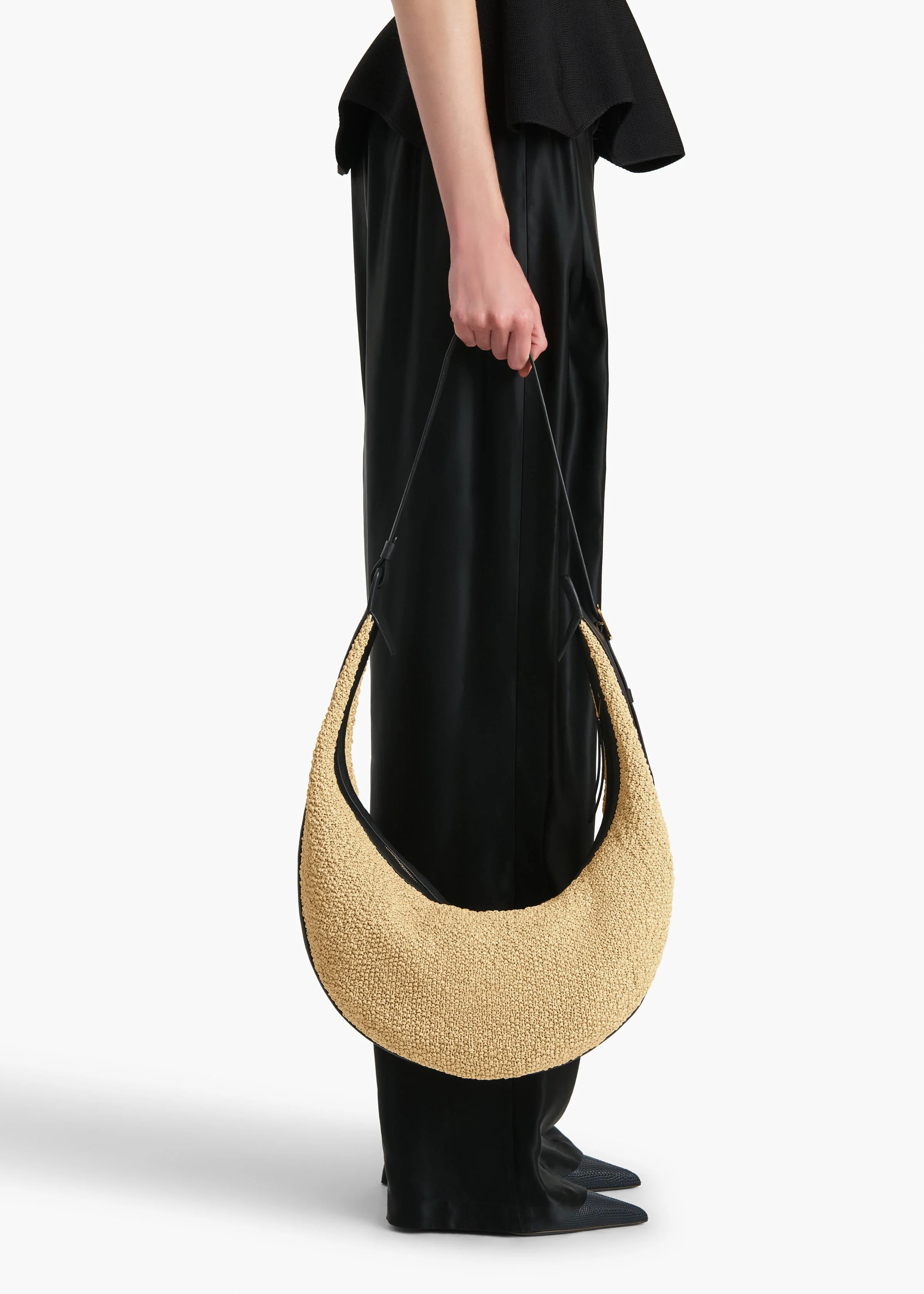 Khaite - Augustina Hobo in Natural Raffia and Black Leather - Image 6