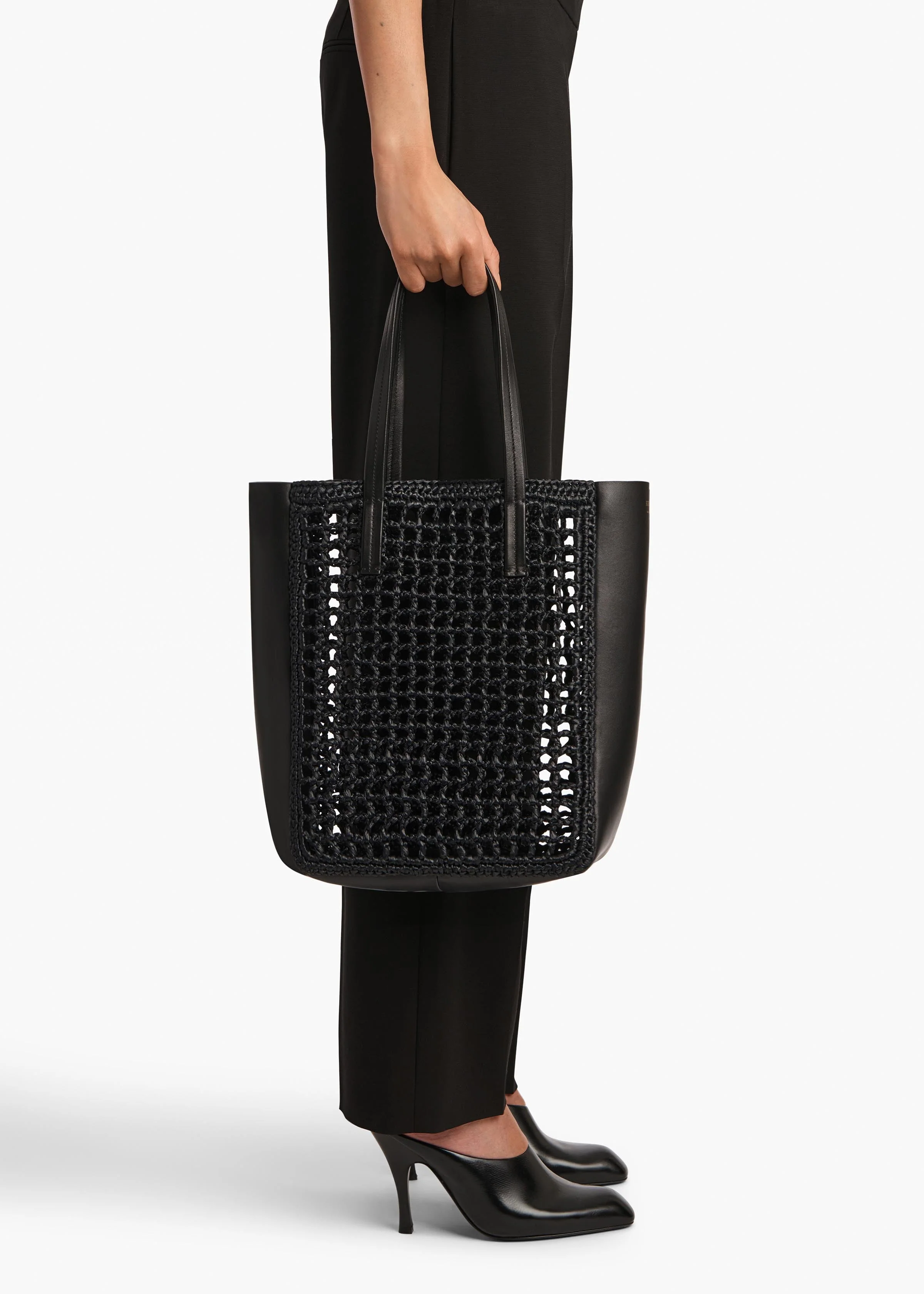 Khaite - Small Zoe Tote in Black Raffia with Black Leather - Image 5