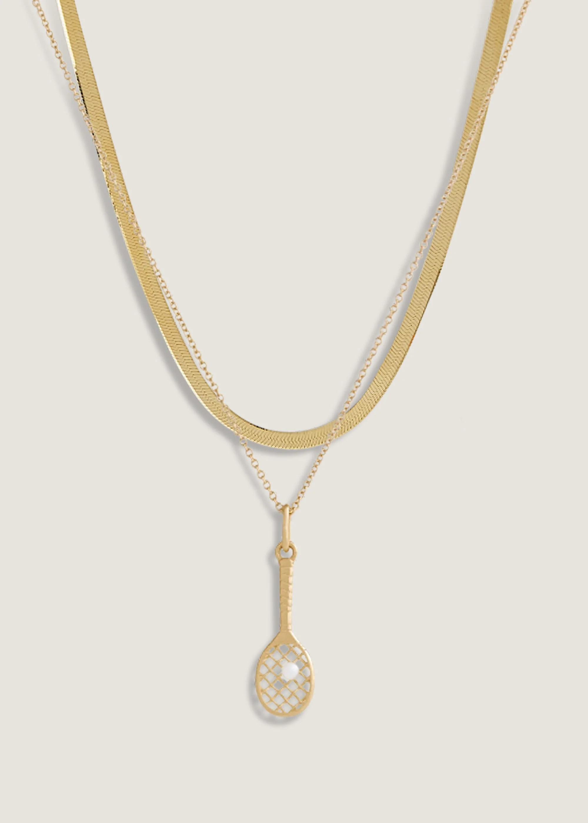 Kinn - Petite Carter Herringbone & Kinn x Sunset Tennis Club Ball And Racquet Necklace Pearl Stack