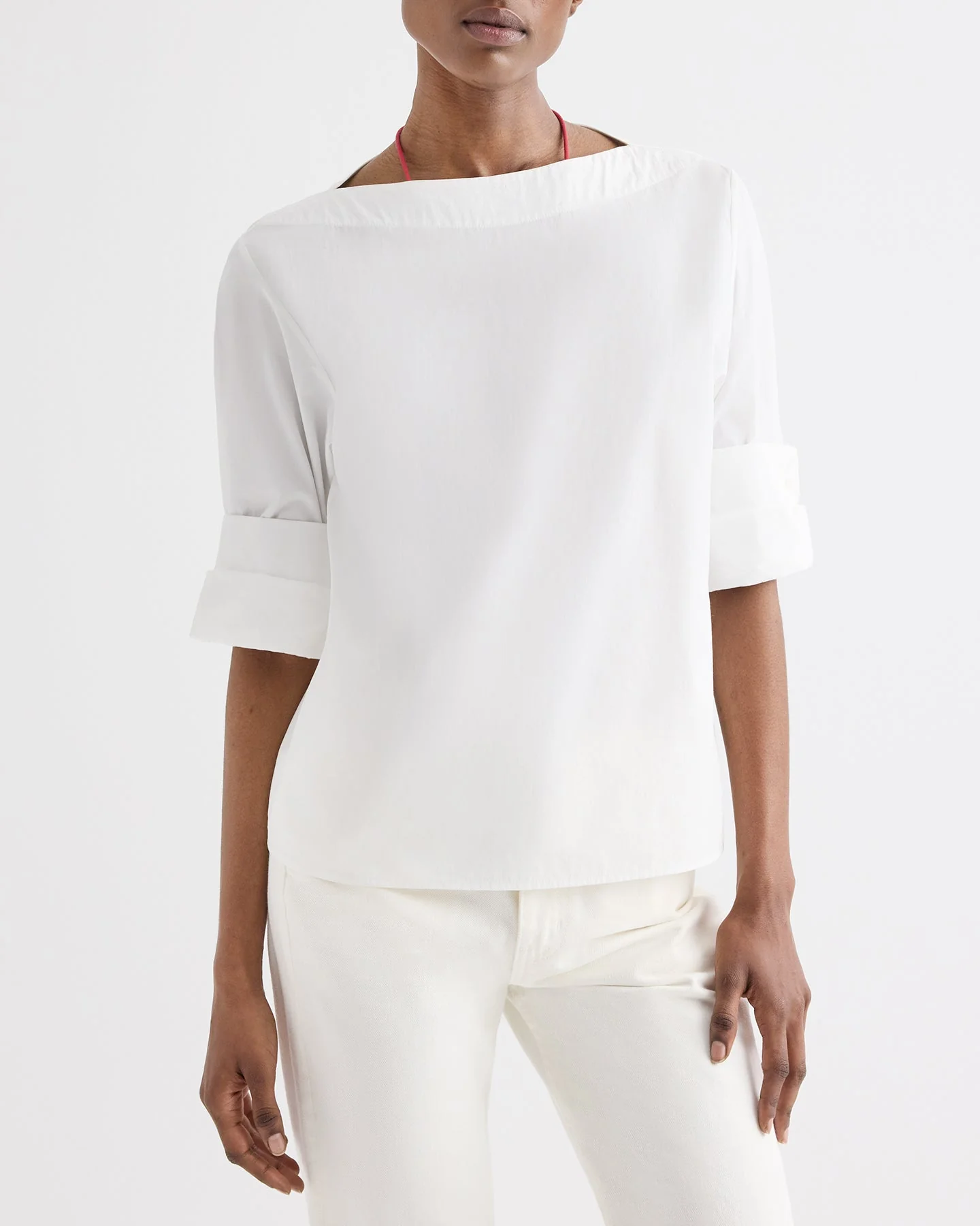 TWP - Boat Neck Top with Double Rolled Sleeve in Cotton Poplin - Image 2